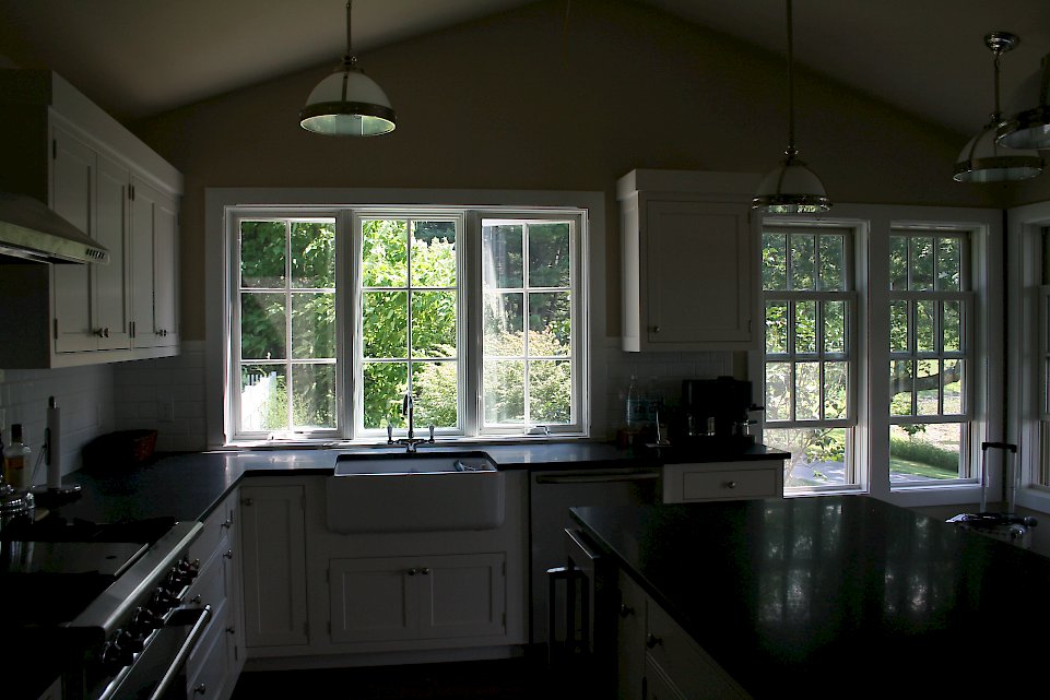 A view of the white farmhouse sink.