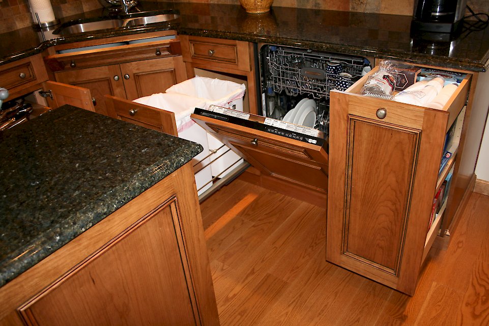 Hidden dishwasher and double waste bin pull-out.