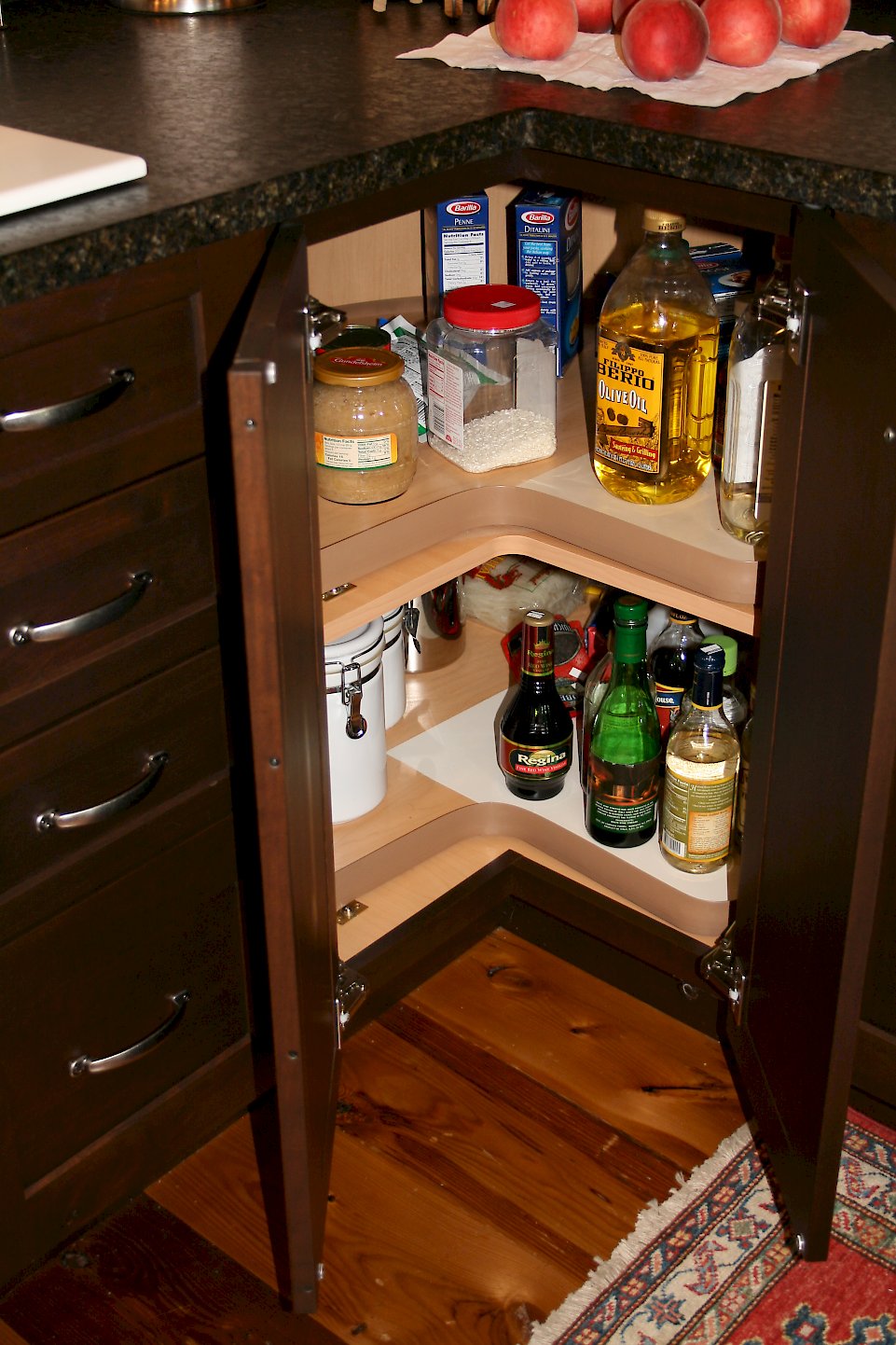 Lazy Susan shelving in the corner.