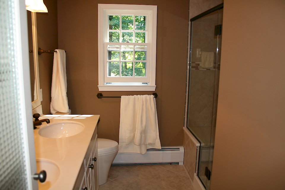 View of the bathroom from the doorway.