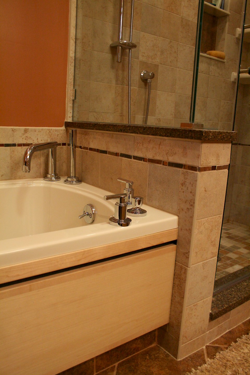 Deck mounted faucets on the tub.