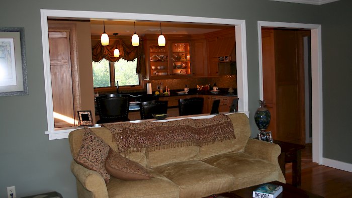 Living room view of the Sandstone Brookhaven kitchen.