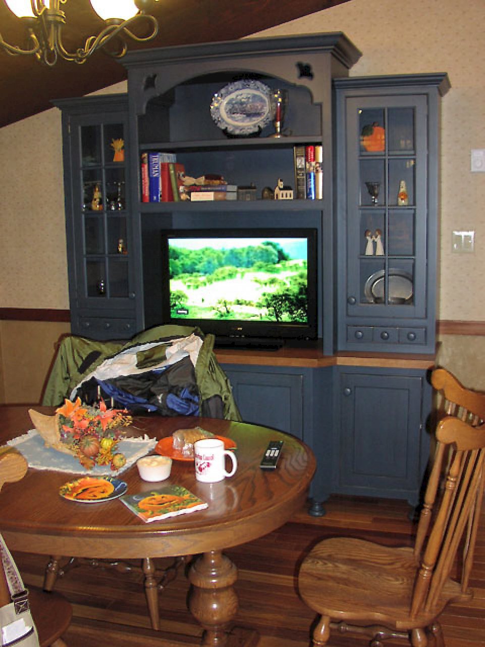 Cottage blue on the entertainment center/hutch.