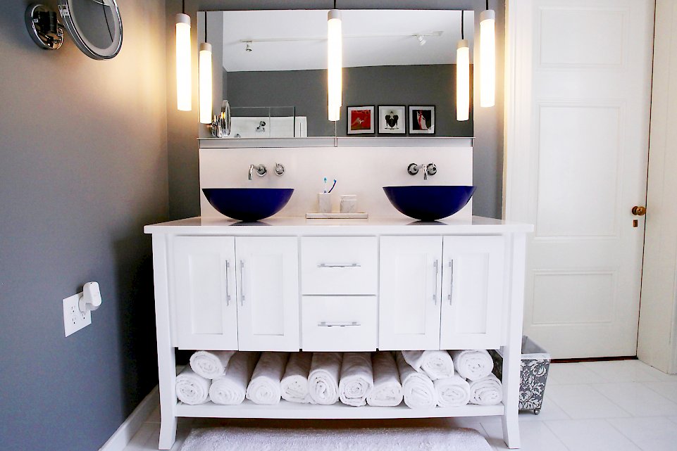 Shaker door style vanity on feet.