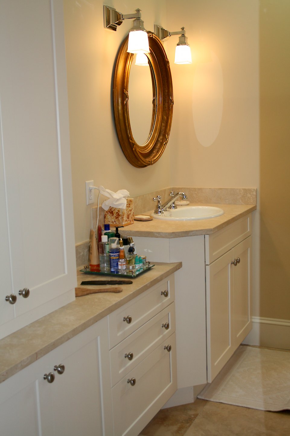 Honed Durango Limestone vanity tops.